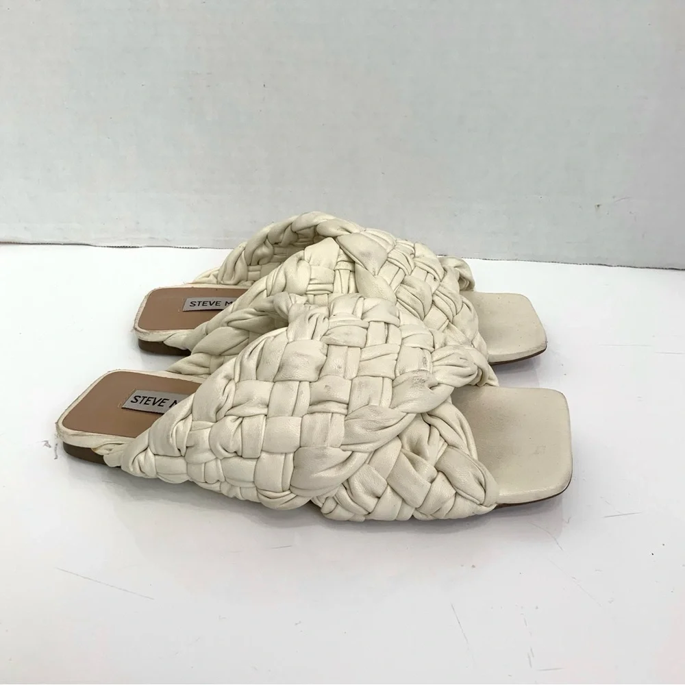 STEVE‎ MADDEN Sz 6.5 Ivory Marina Square Toe Chunky Woven Slip On Slide Sandals